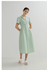 Tailored Button-Front Linen Midi Dress with Notched Collar
